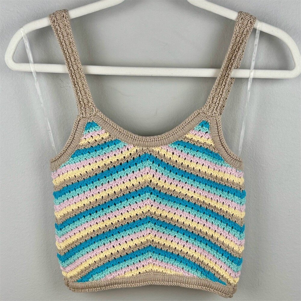 Full Tilt Crop Tank Top Womens Multicolor Striped Knit Boho Festival